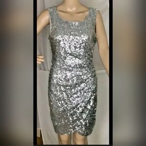 Bisou Bisou Party Dress Size 8 Strappy Rouched Stretchy Silver Holiday